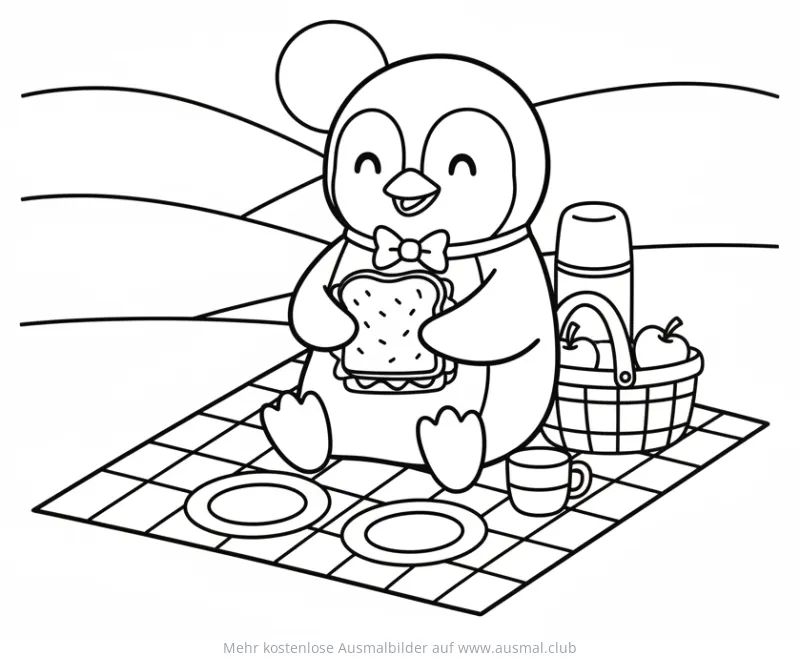 Pinguin mit Sandwich beim Picknick Ausmalbild