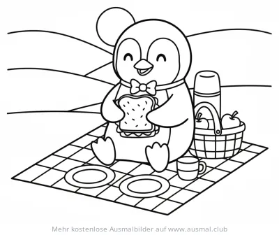 Pinguin mit Sandwich beim Picknick Ausmalbild