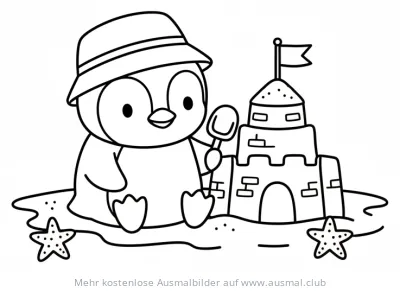 Pinguin mit Hut baut Sandburg Ausmalbild