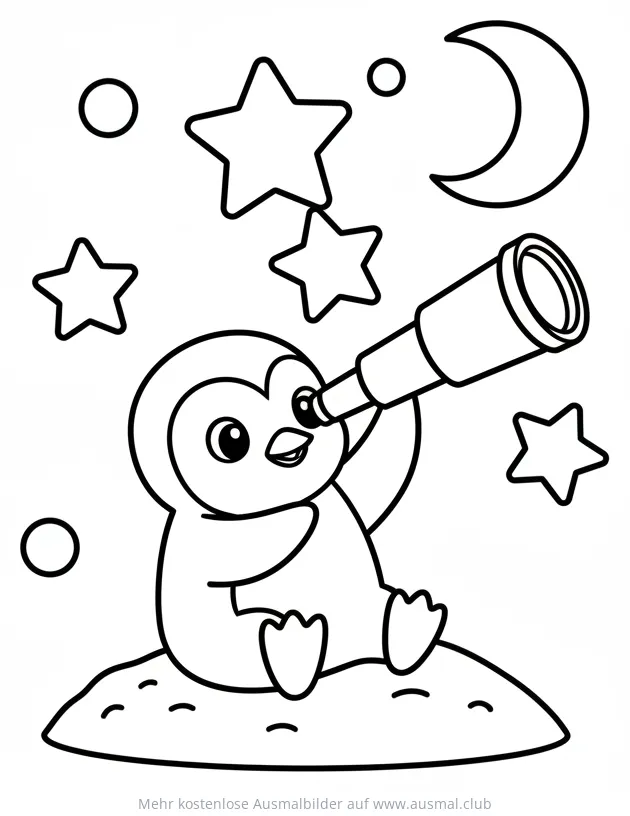 Pinguin mit Teleskop beobachtet Sterne Ausmalbild