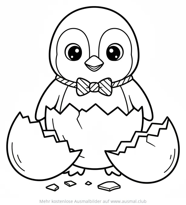 Pinguin Küken mit Schleife schlüpft aus dem Ei Ausmalbild