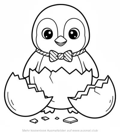 Pinguin Küken mit Schleife schlüpft aus dem Ei Ausmalbild