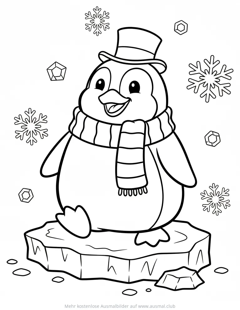 Pinguin mit Schal und Zylinder Ausmalbild auf Eisscholle