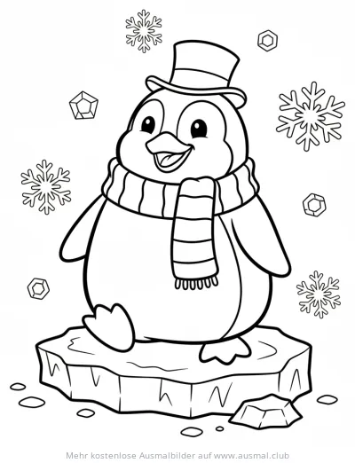 Pinguin mit Schal und Zylinder Ausmalbild auf Eisscholle