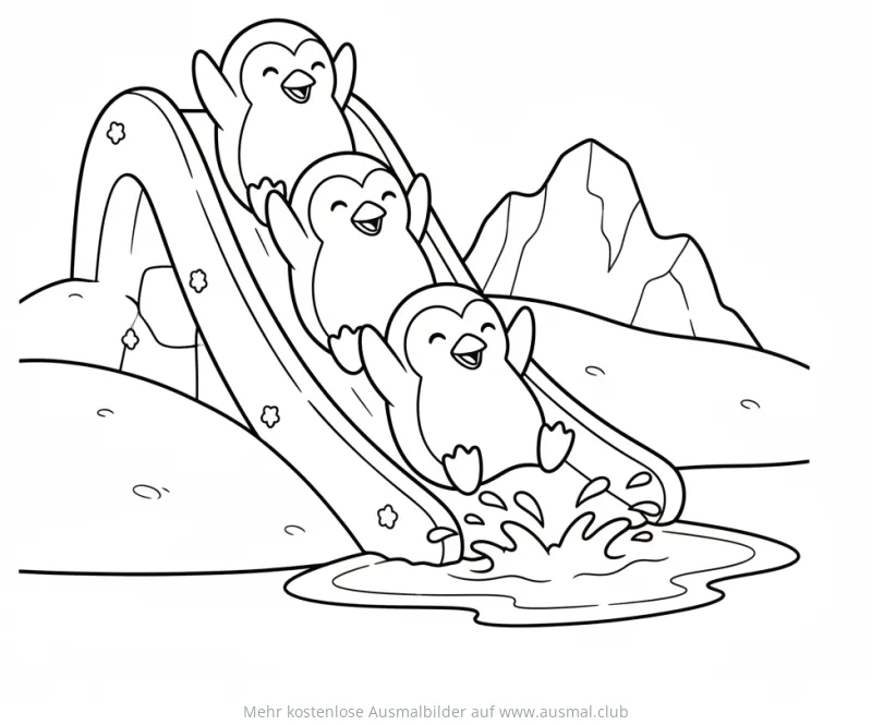 Pinguine Ausmalbild auf Eisrutsche