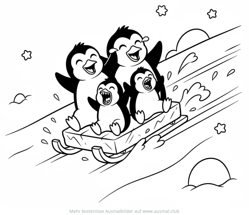 Pinguine rodeln auf Eisblock Ausmalbild