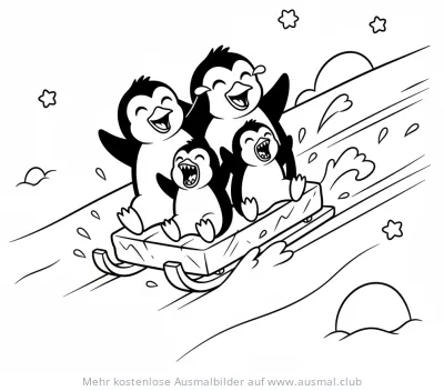 Pinguine rodeln auf Eisblock Ausmalbild