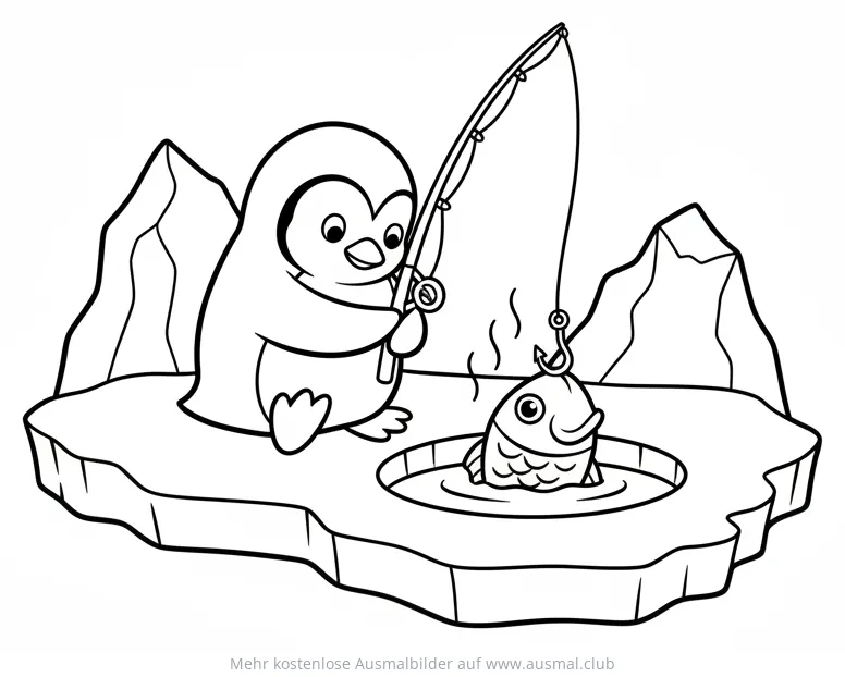 Pinguin angelt Fisch auf Eisscholle Ausmalbild
