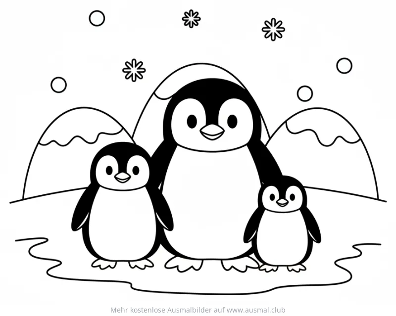 Pinguinfamilie Ausmalbild mit zwei Pinguinbabys vor Winterlandschaft
