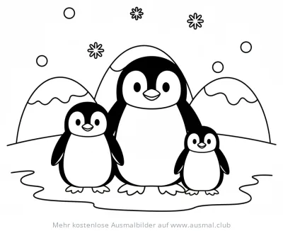 Pinguinfamilie Ausmalbild mit zwei Pinguinbabys vor Winterlandschaft