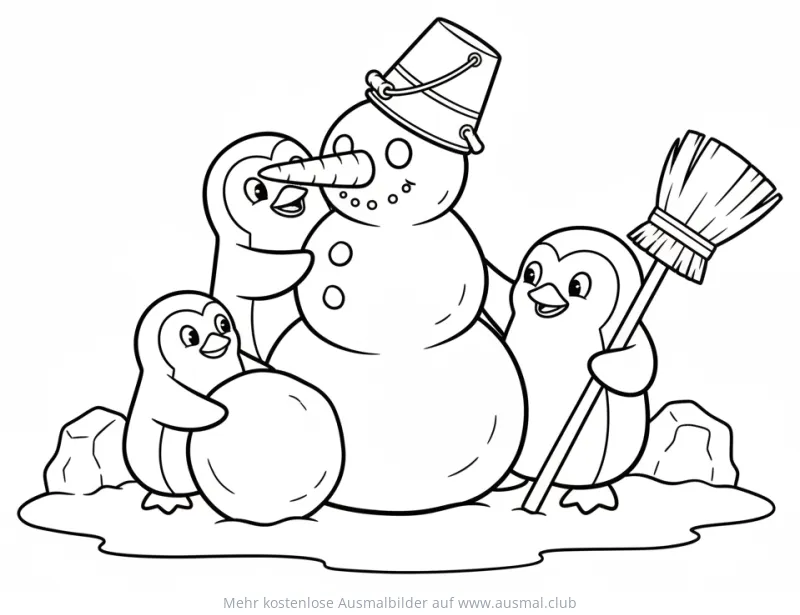 Drei Pinguine bauen einen Schneemann Ausmalbild
