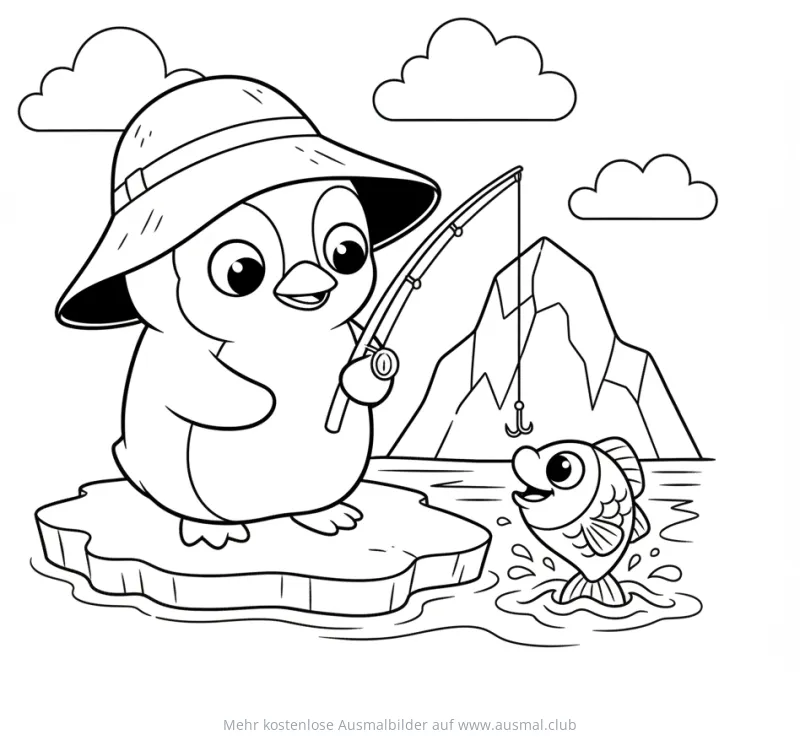 Pinguin mit Anglerhut angelt Fisch auf Eisscholle Ausmalbild