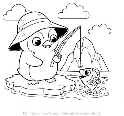 Pinguin mit Anglerhut angelt Fisch auf Eisscholle Ausmalbild