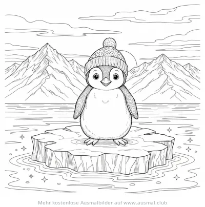 Baby Pinguin mit Mütze auf Eisscholle Ausmalbild