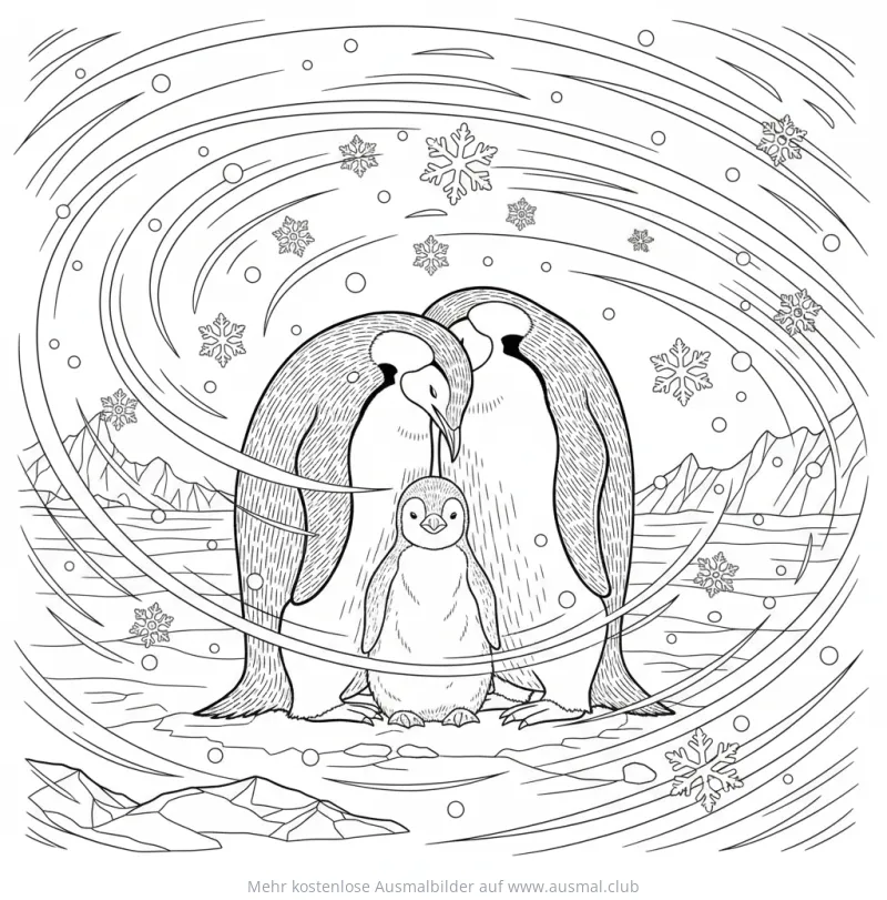 Kaiserpinguin Familie mit Küken im Schneegestöber Ausmalbild