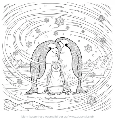 Kaiserpinguin Familie mit Küken im Schneegestöber Ausmalbild
