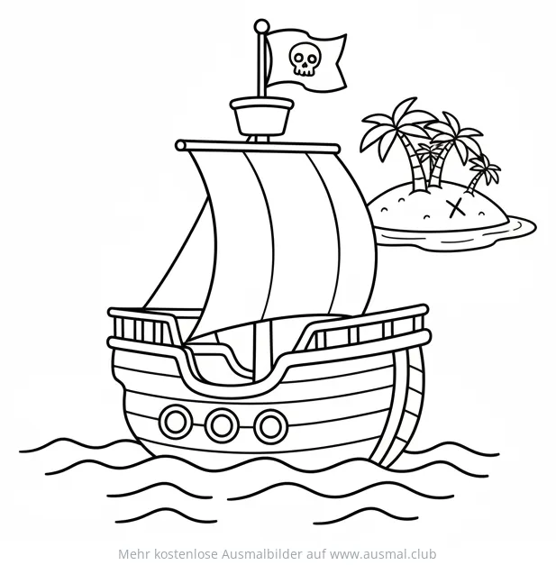 Piratenschiff Ausmalbild mit Schatzinsel