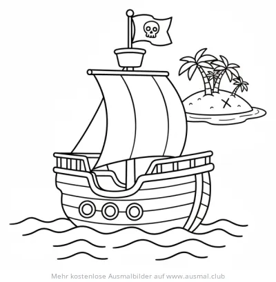 Piratenschiff Ausmalbild mit Schatzinsel