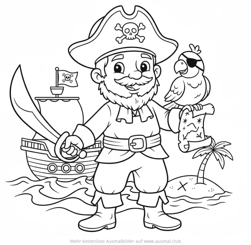 Freundlicher Piratenkapitän mit Papagei und Schatzkarte Ausmalbild