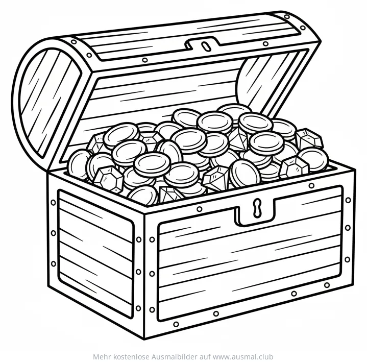 Schatztruhe voller Goldmünzen und Juwelen Ausmalbild