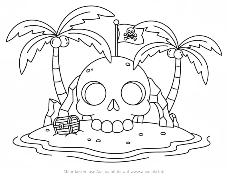 Schädelinsel mit Piratenflagge, Palmen und Schatztruhe Ausmalbild