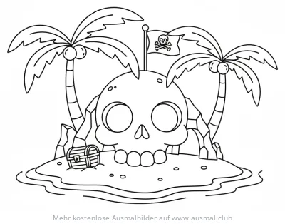 Schädelinsel mit Piratenflagge, Palmen und Schatztruhe Ausmalbild