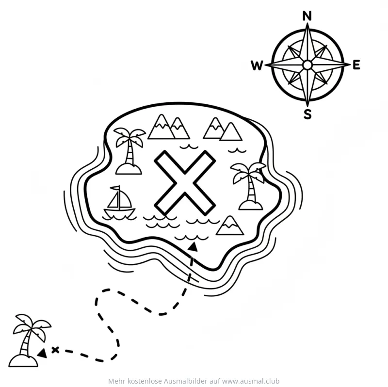 Schatzkarte Ausmalbild mit Insel, Palmen und Kompass