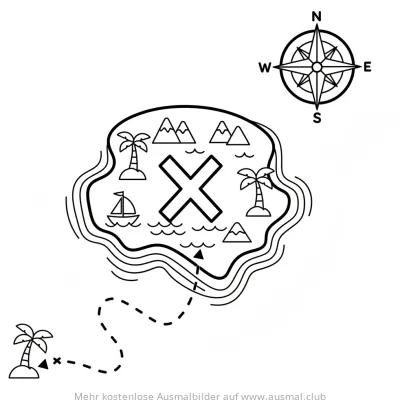 Schatzkarte Ausmalbild mit Insel, Palmen und Kompass