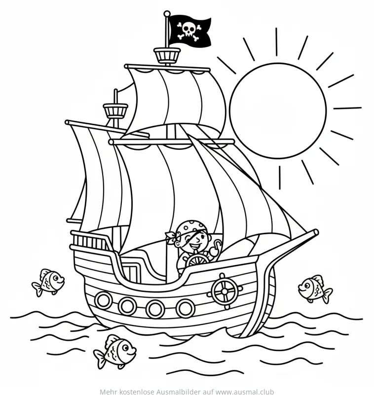 Piratenschiff mit Pirat und Fischen im Sonnenuntergang Ausmalbild