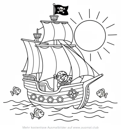 Piratenschiff mit Pirat und Fischen im Sonnenuntergang Ausmalbild