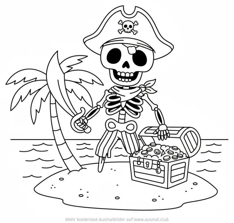 Skelett Pirat mit Schatz Ausmalbild auf einer Insel