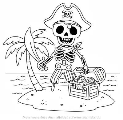 Skelett Pirat mit Schatz Ausmalbild auf einer Insel