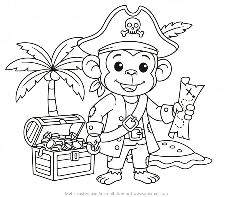 Affe als Pirat mit Schatzkarte und Schatztruhe Ausmalbild