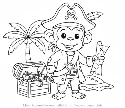 Affe als Pirat mit Schatzkarte und Schatztruhe Ausmalbild