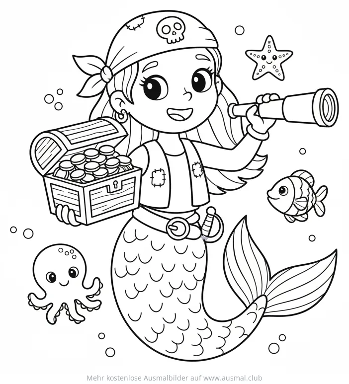 Piraten Meerjungfrau mit Schatzkiste und Fernrohr Ausmalbild
