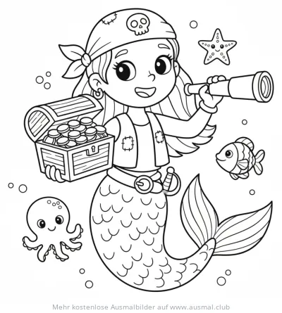 Piraten Meerjungfrau mit Schatzkiste und Fernrohr Ausmalbild