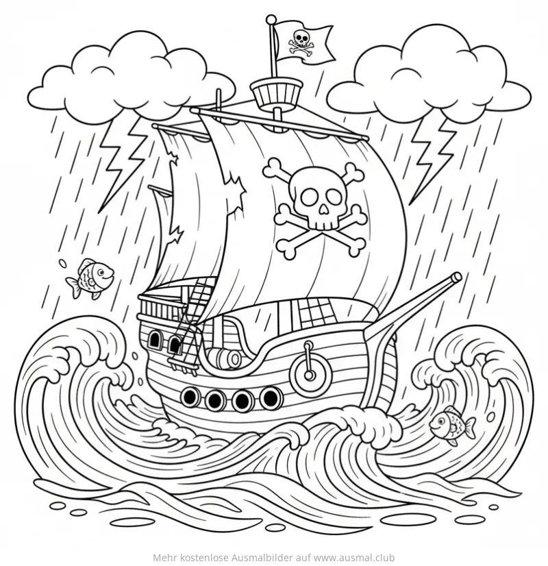Piratenschiff im Sturm Ausmalbild mit Blitz und Wellen