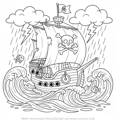 Piratenschiff im Sturm Ausmalbild mit Blitz und Wellen