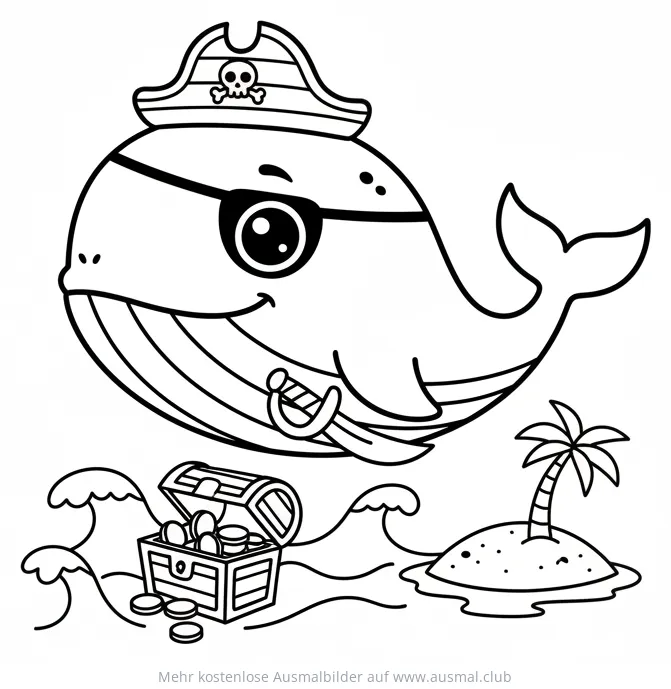 Wal als Pirat mit Schatzkiste und Insel Ausmalbild