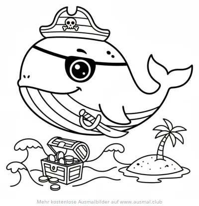 Wal als Pirat mit Schatzkiste und Insel Ausmalbild