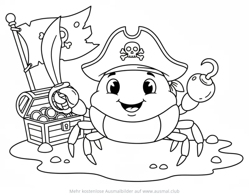 Krabbe als Pirat mit Schatzkiste Ausmalbild