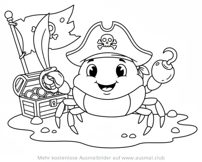 Krabbe als Pirat mit Schatzkiste Ausmalbild