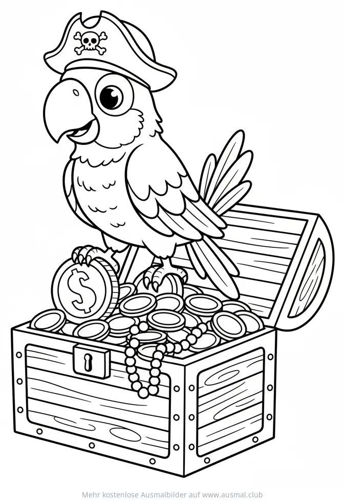 Piraten Papagei mit Hut auf Schatzkiste Ausmalbild