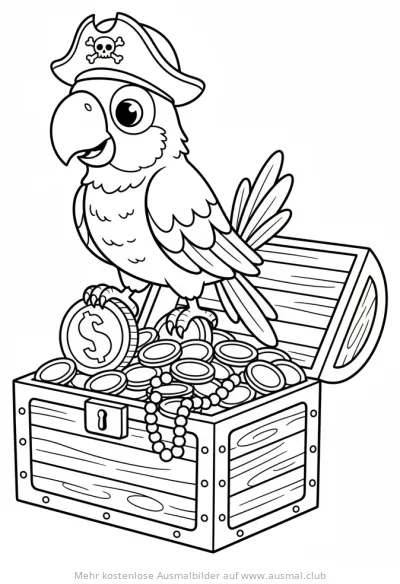 Piraten Papagei mit Hut auf Schatzkiste Ausmalbild