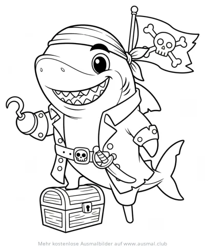 Hai als Pirat mit Augenklappe und Schatz Ausmalbild
