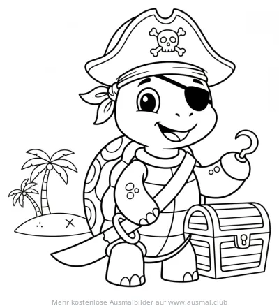 Schildkröte als Pirat mit Schatzkiste Ausmalbild