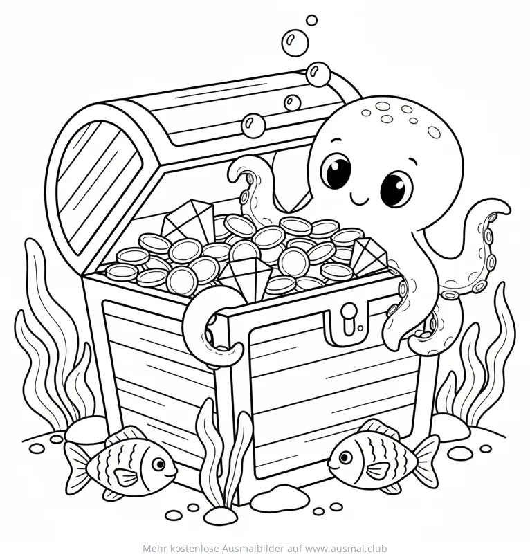 Oktopus mit Schatzkiste unter Wasser Ausmalbild