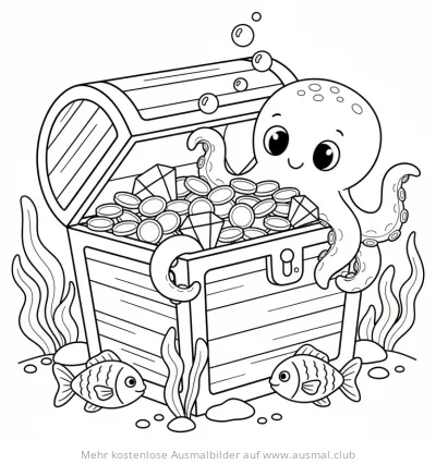 Oktopus mit Schatzkiste unter Wasser Ausmalbild