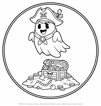 Freundlicher Piraten Geist mit Schatzkiste Ausmalbild