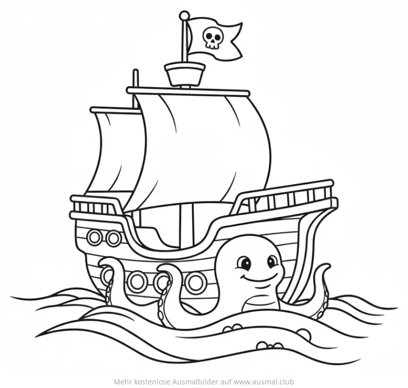 Freundliches Seeungeheuer mit Piratenschiff Ausmalbild